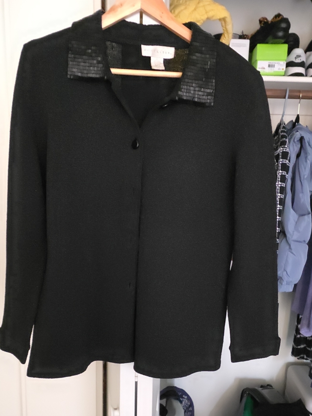 Doncaster Black Button-Front Top with Sequin Collar